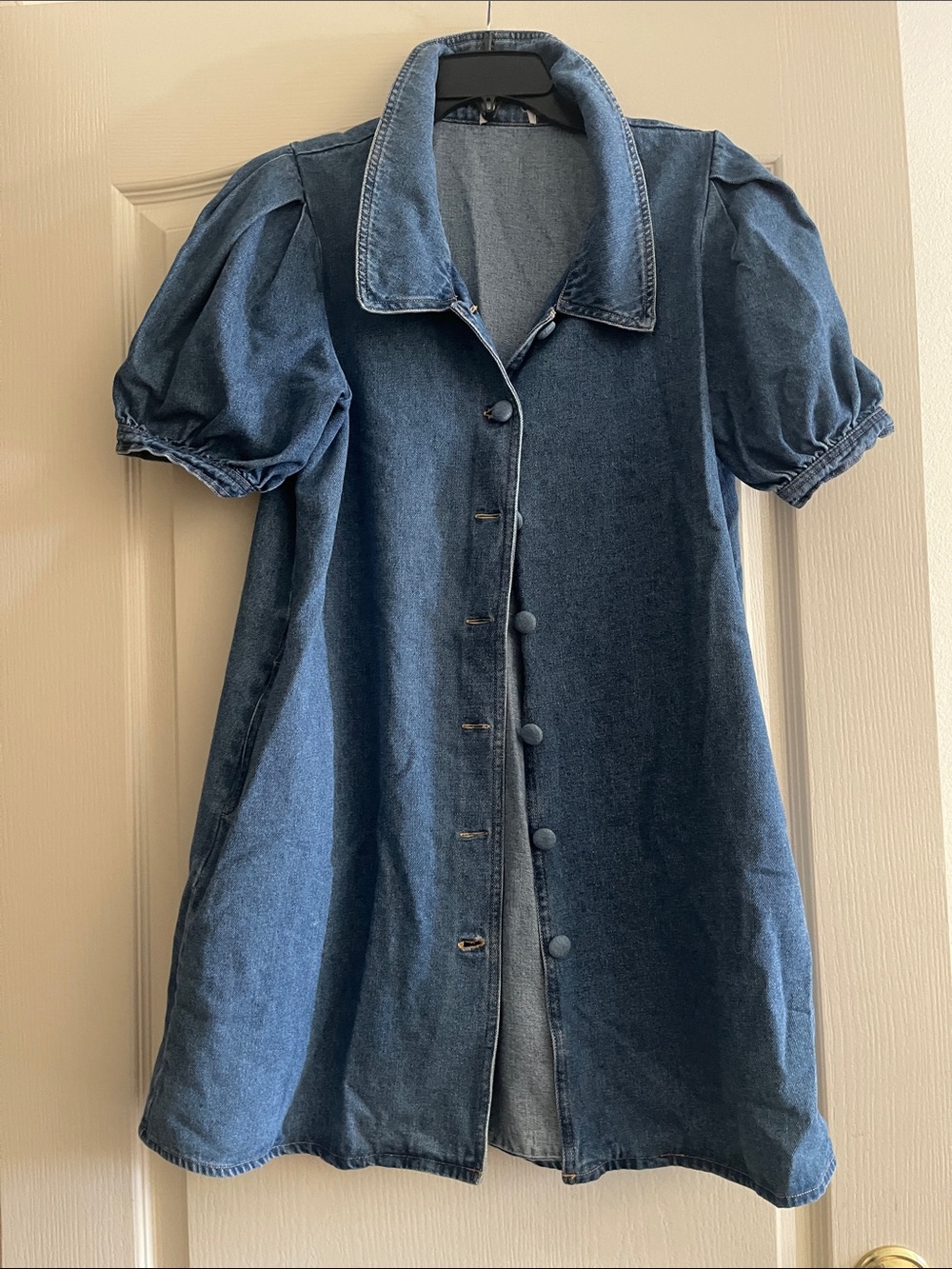 🔥 Denim Button-Front Dress with Puff Sleeves - Dark Blue